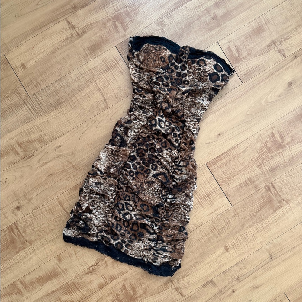 Strapless Animal Print Bodycon Dress with Molded Cups - Brown Leopard